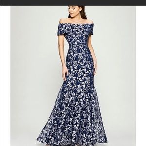 Betsy & Adam Off Shoulder Lace Mermaid Gown